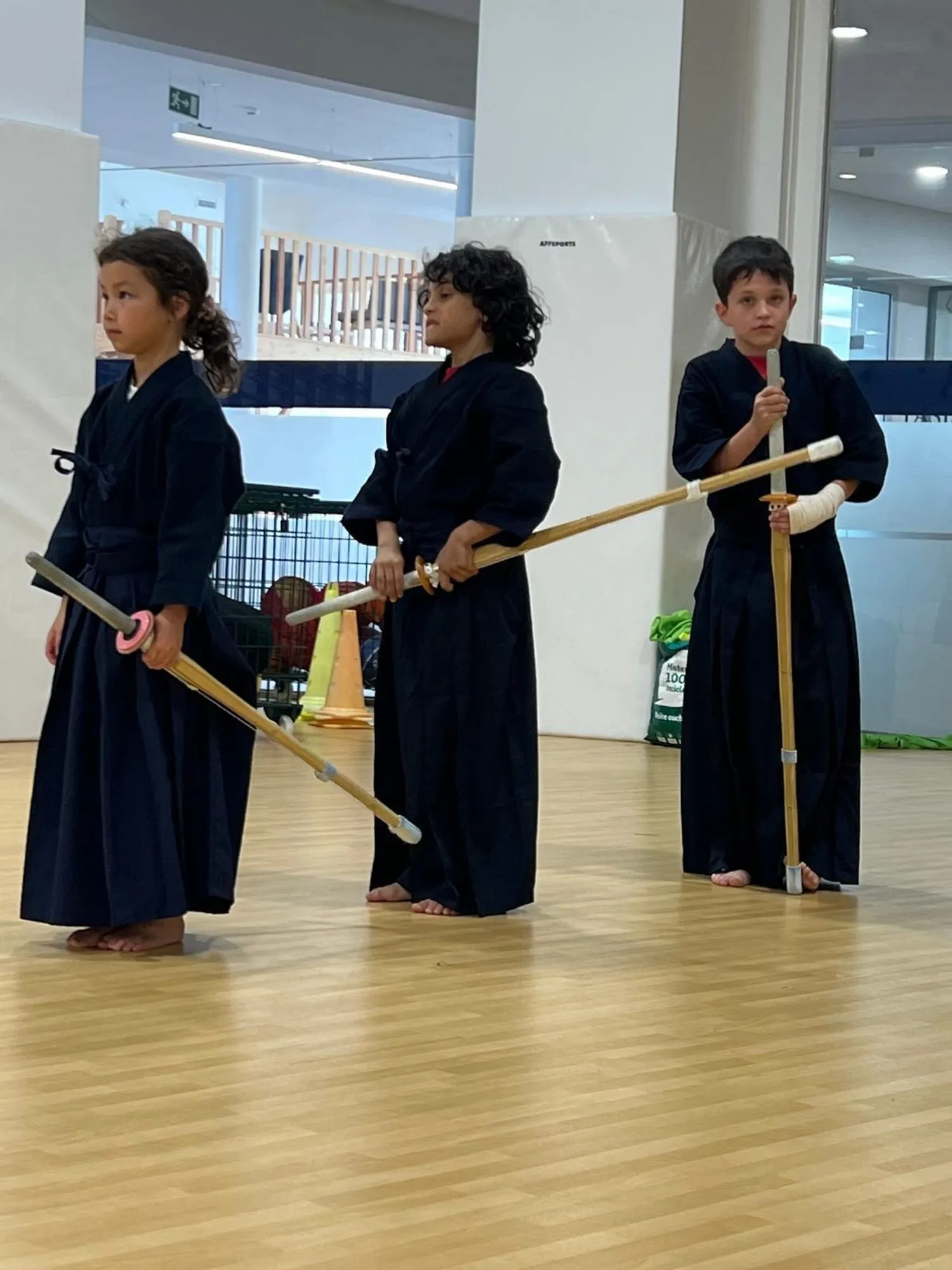 Two kendoka close together, shinai held upright