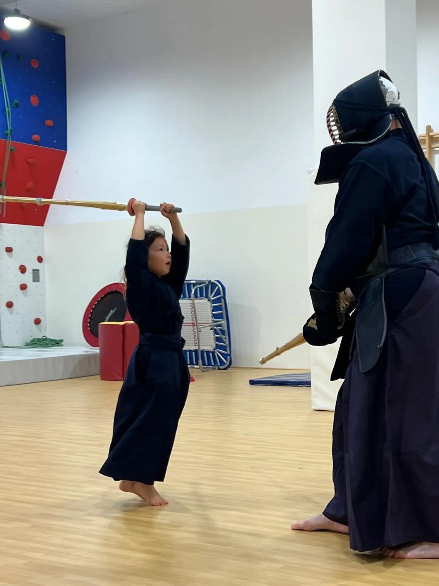 A young kendoka raising the shinai during practice