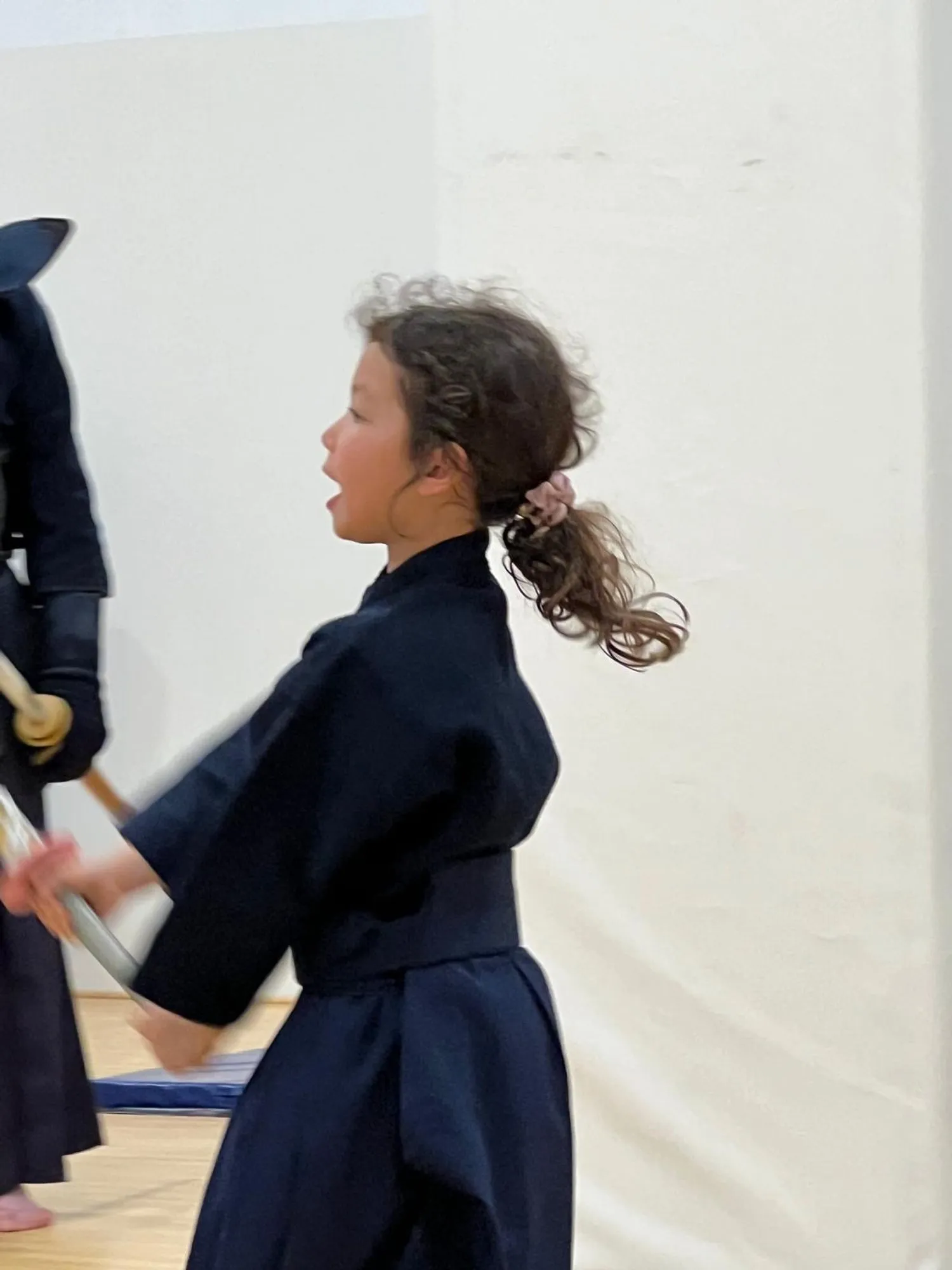 A young kendoka in profile, shinai in hand